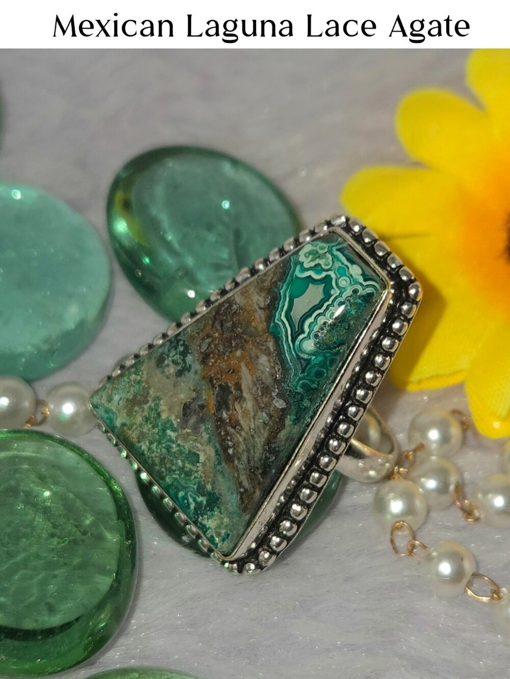 Natural Mexican Laguna Lace Agate Gemstone Chunky Handmade Halo Ring
